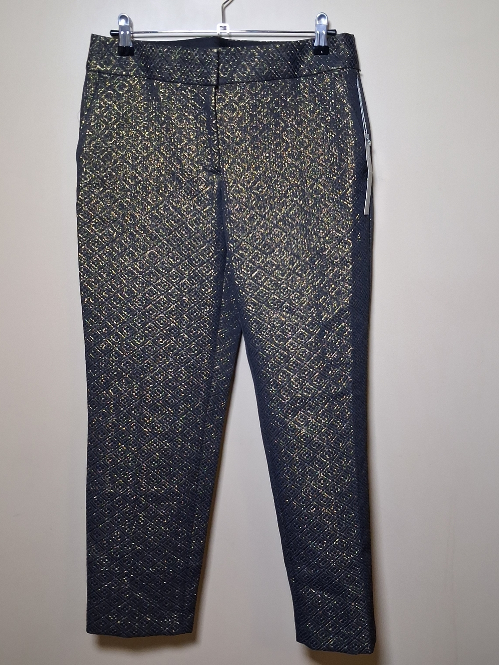 Ann Taylor Loft NWT Marisa Blue, Black, Gold Metallic Jaquard Pants; Sz 2